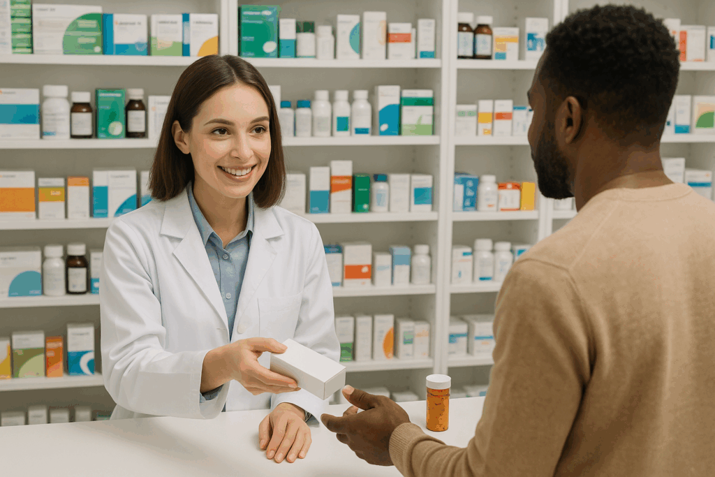 A customer at a pharmacy safely being handed medication representing the need for a DBS for Pharmacist
