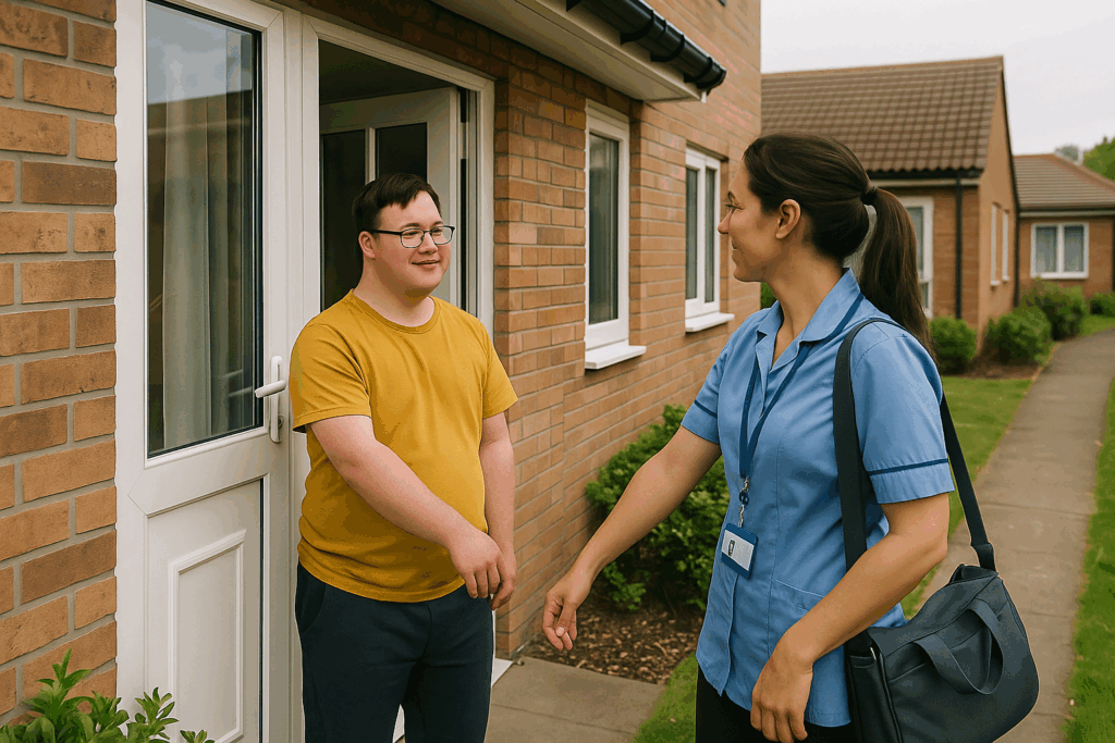 A staff memeber from a Supported Living service meeting a client - representing need for DBS Checks for Supported Living Staff